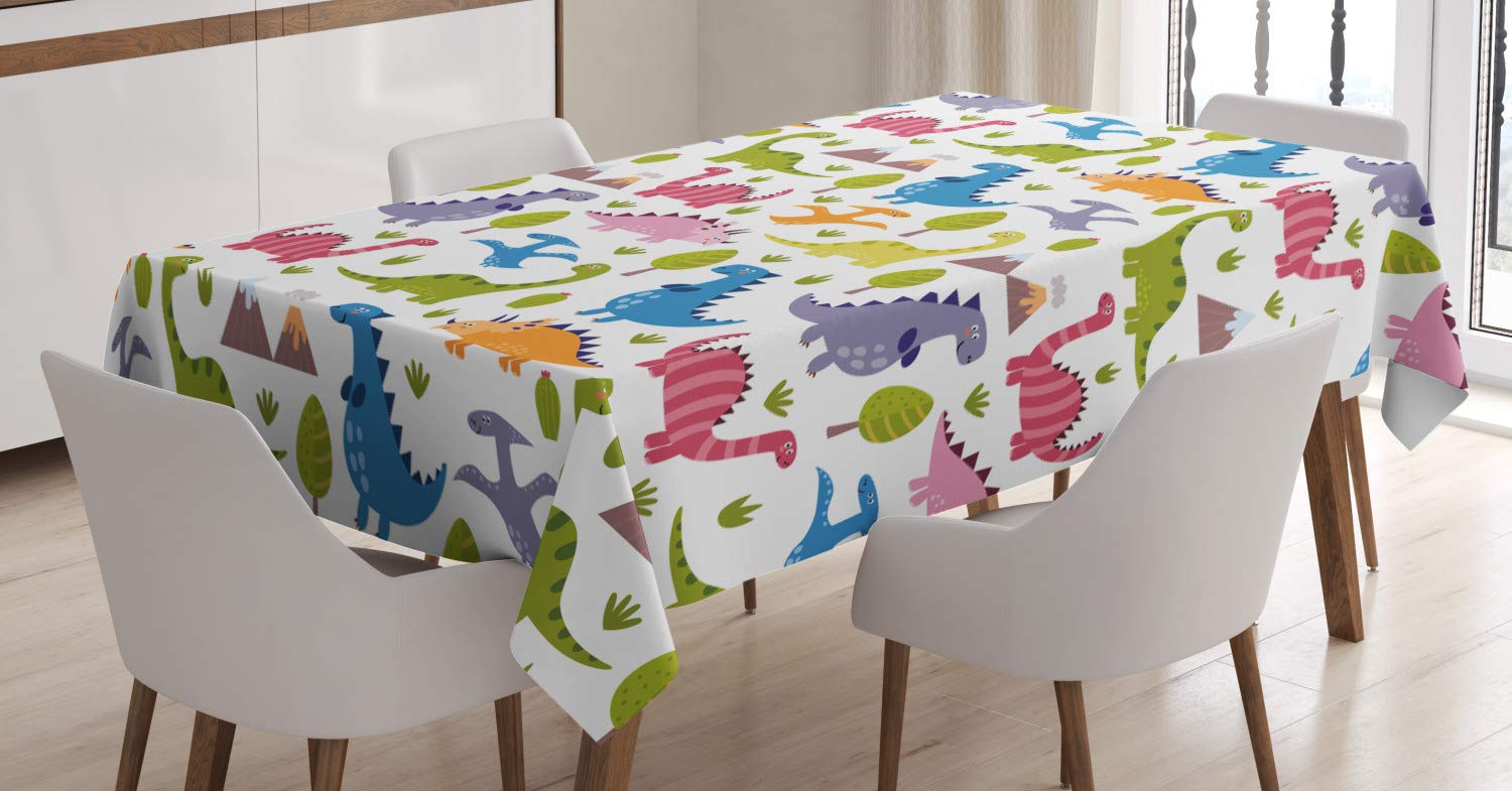 ABAKUHAUS Dino Tablecloth, Cartoon Style Colorful Dinosaurs T-Rex Triceratops Prehistoric Reptile Wildlife, Dining Room Kitchen Table Cover, 54" x 94", White Green Blue