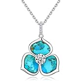 AIBAO Western Turquoise/Opal/Malachite and Cubic Zirconia Flower Necklace Three Petal Gemstone Pendant Necklaces for Women in 925 Sterling Silver Christmas Birthday Jewelry Gift with Box