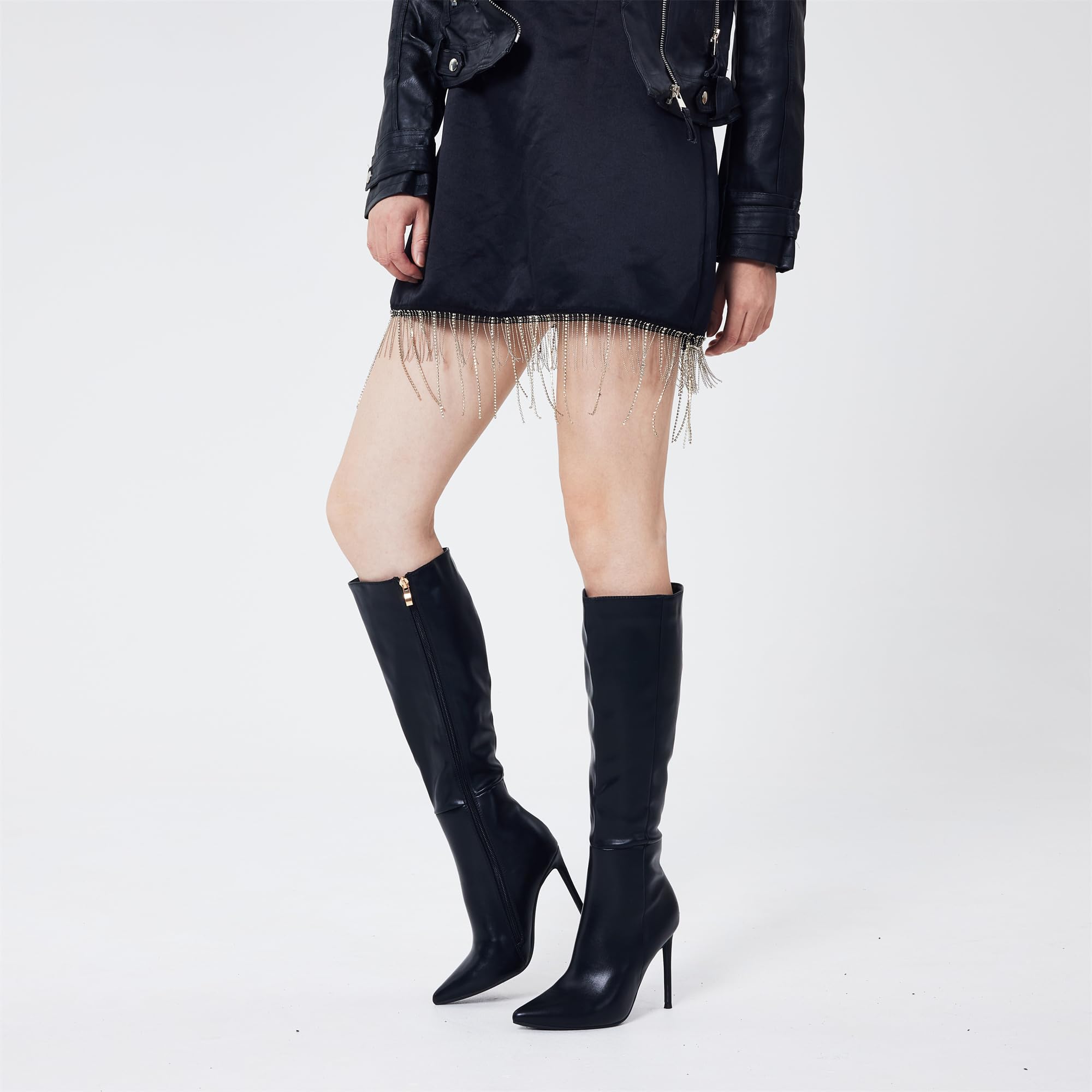 Elisabet Tang 4 inch Women's Knee High Long Boots, Stiletto Tall Pointed Toe Heeled Boot Leather Suede Comfortable Sexy