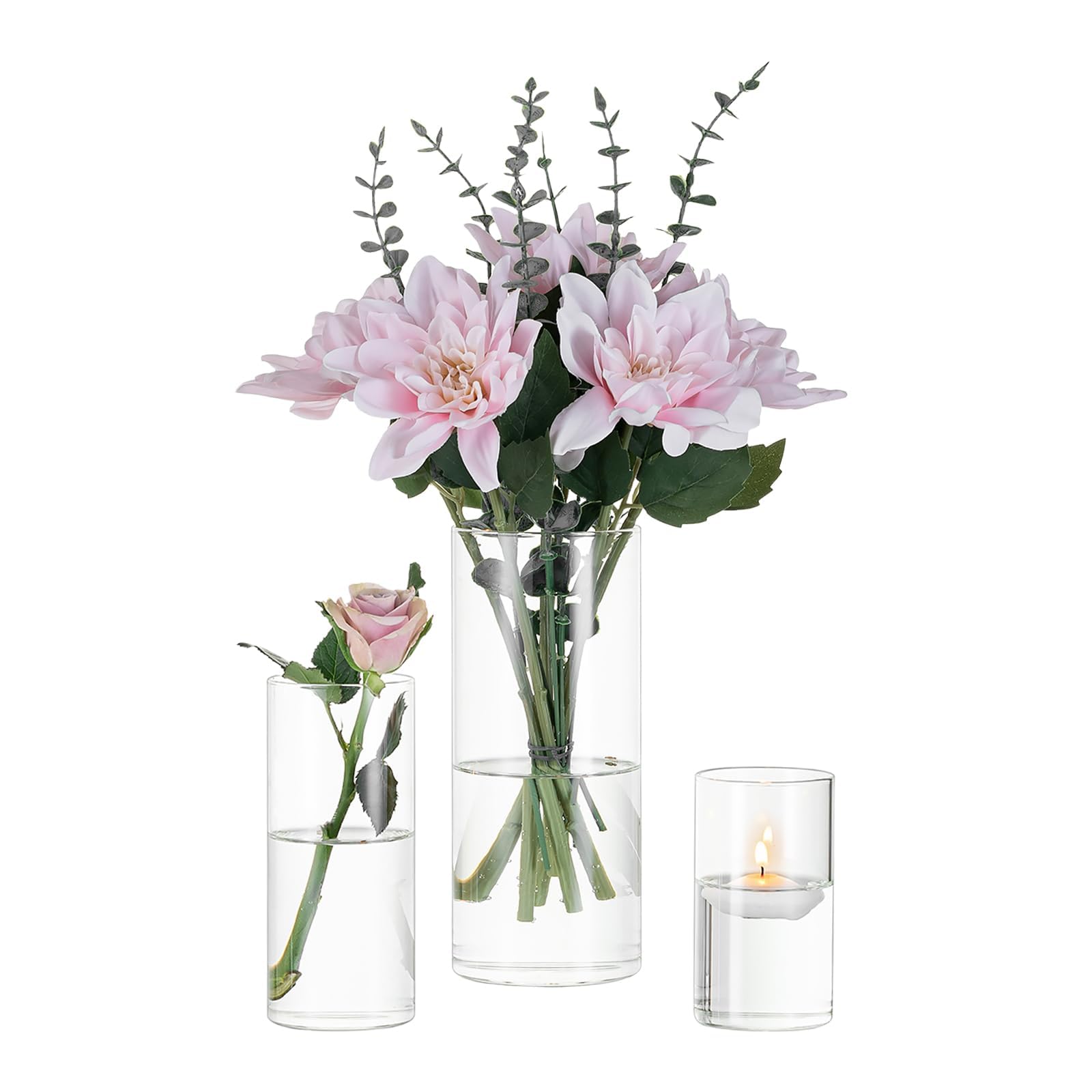 Cylinder Glass Flower Vase Clear, 3Pcs/Set Glasseam Modern Basic Vases for Table Decoration Wedding Centrepieces Flowers Roses Pampas Grass Candle Holders for Living Room Ornaments, 10/15/20cmTall