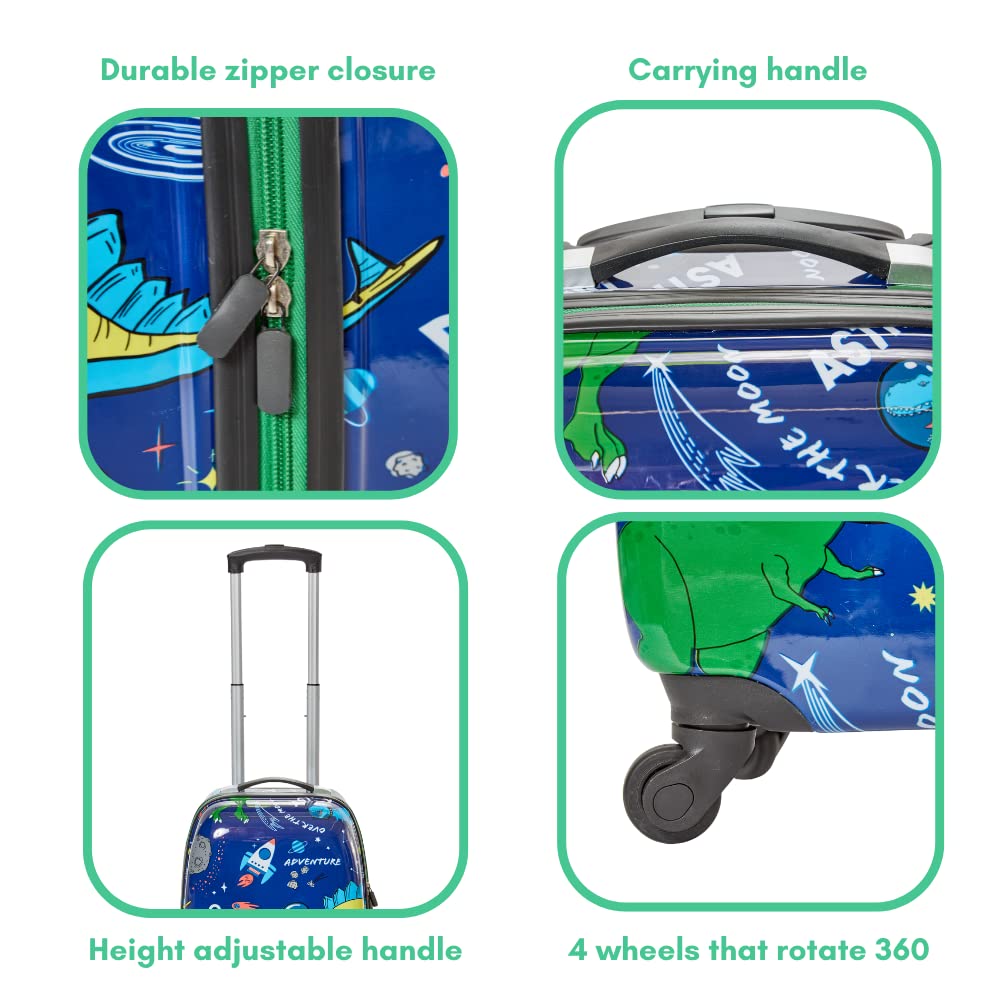 RALME 5 Pc. Boys’ Dinosaur Space Rolling Suitcase Set with Backpack, Neck Pillow, Water Bottle, and Luggage