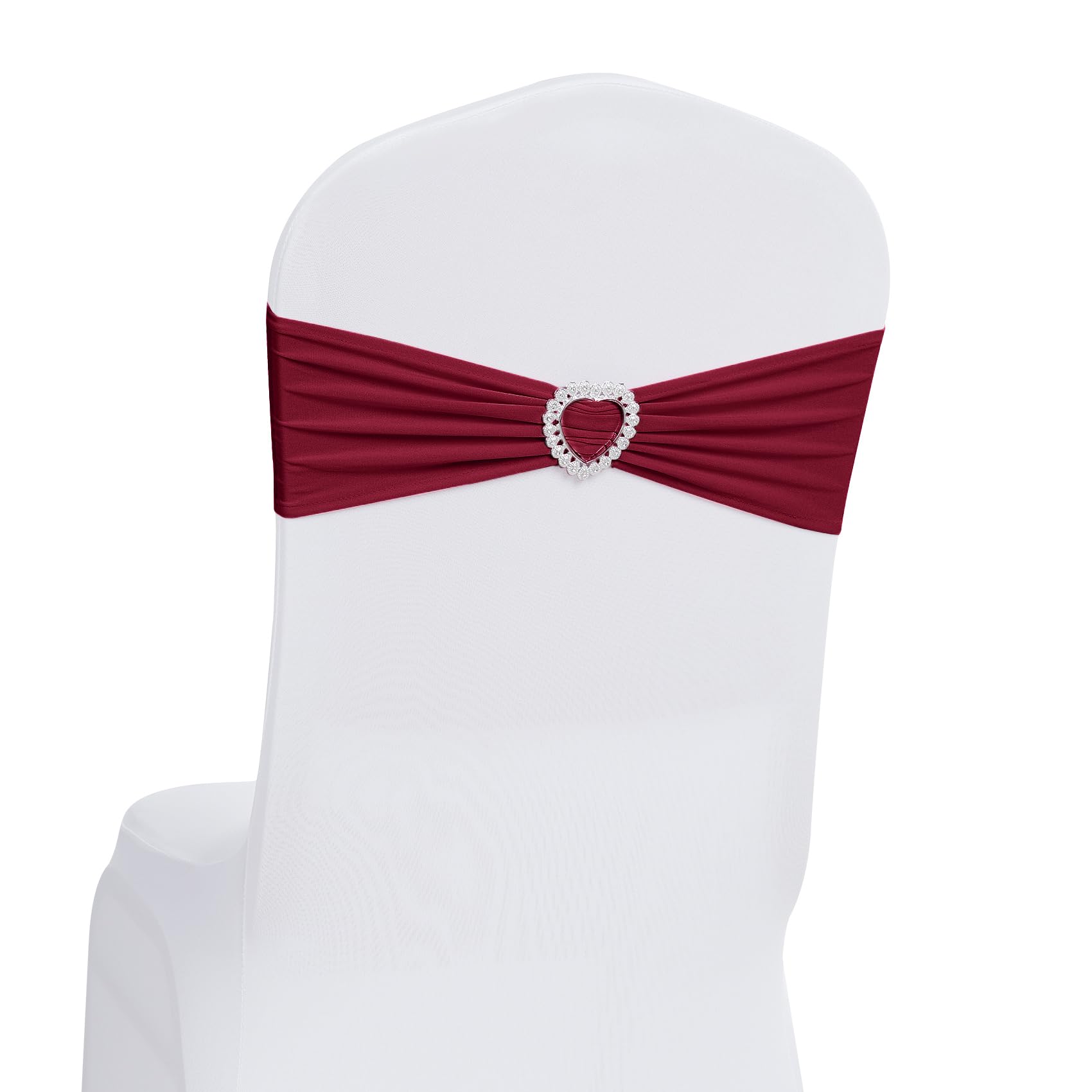 Photo 1 of Howhic Pack of 120 Spandex Chair Sashes Bows Stretch Chair Cover Band with Buckle Slider Universal Elastic Chair Ties for Wedding Banquet Party Event Decoration (Burgundy)