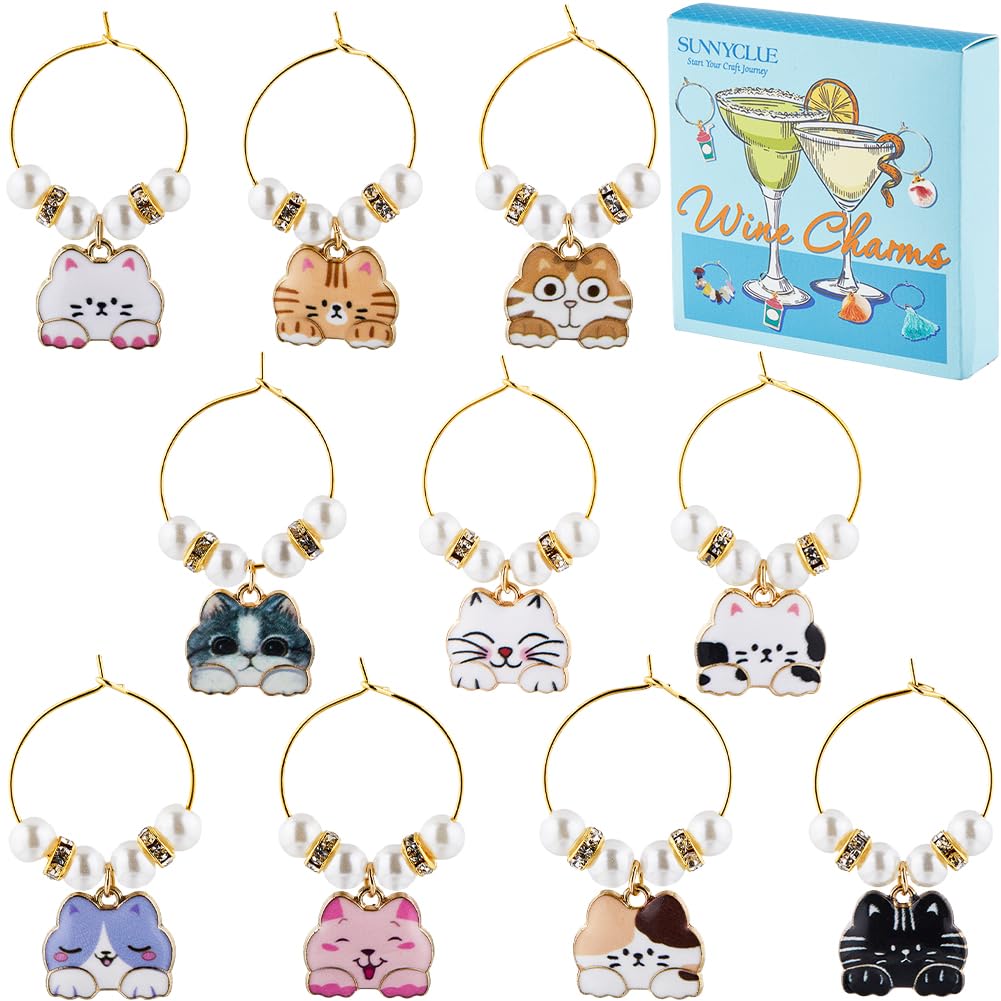 SUNNYCLUE 1 BOX 10PCS Enamel Cat Wine Glass Identifiers Drink Marker Charm Alloy Cute Kitten Animal Drink Markers Identification Charms Tags for Gathering Wedding Party Favor Drinks Decor