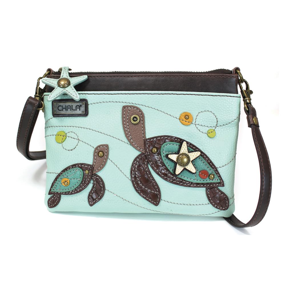 CHALA Mini Crossbody Handbag, Multi Zipper, Pu Leather, Small Shoulder Purse Adjustable Strap - Turtle - Light Blue