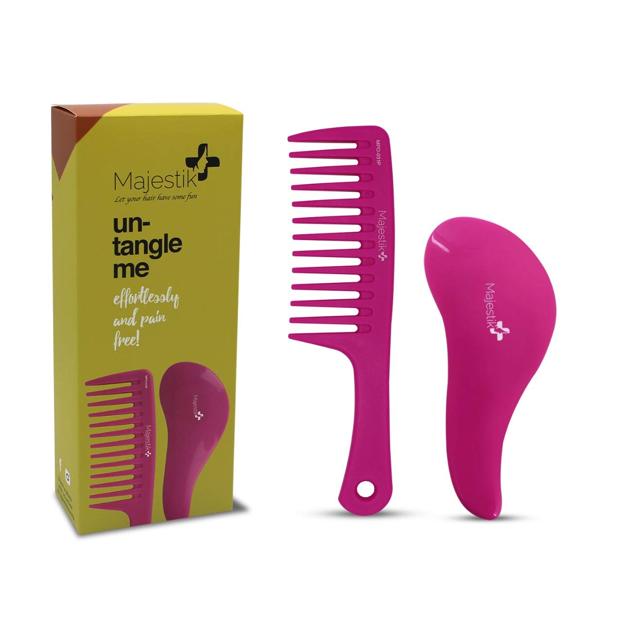 Detangling Brush & Comb Pink Set The Best Hair Detangler Kit for No More Tangles No More Tears By Majestik+