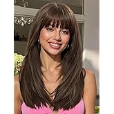 AISI HAIR 【Beginner Friendly Wigs】 Brown Wig with Bangs for Women, Middle Length NaturalLayered Straight Wig for Daily Party