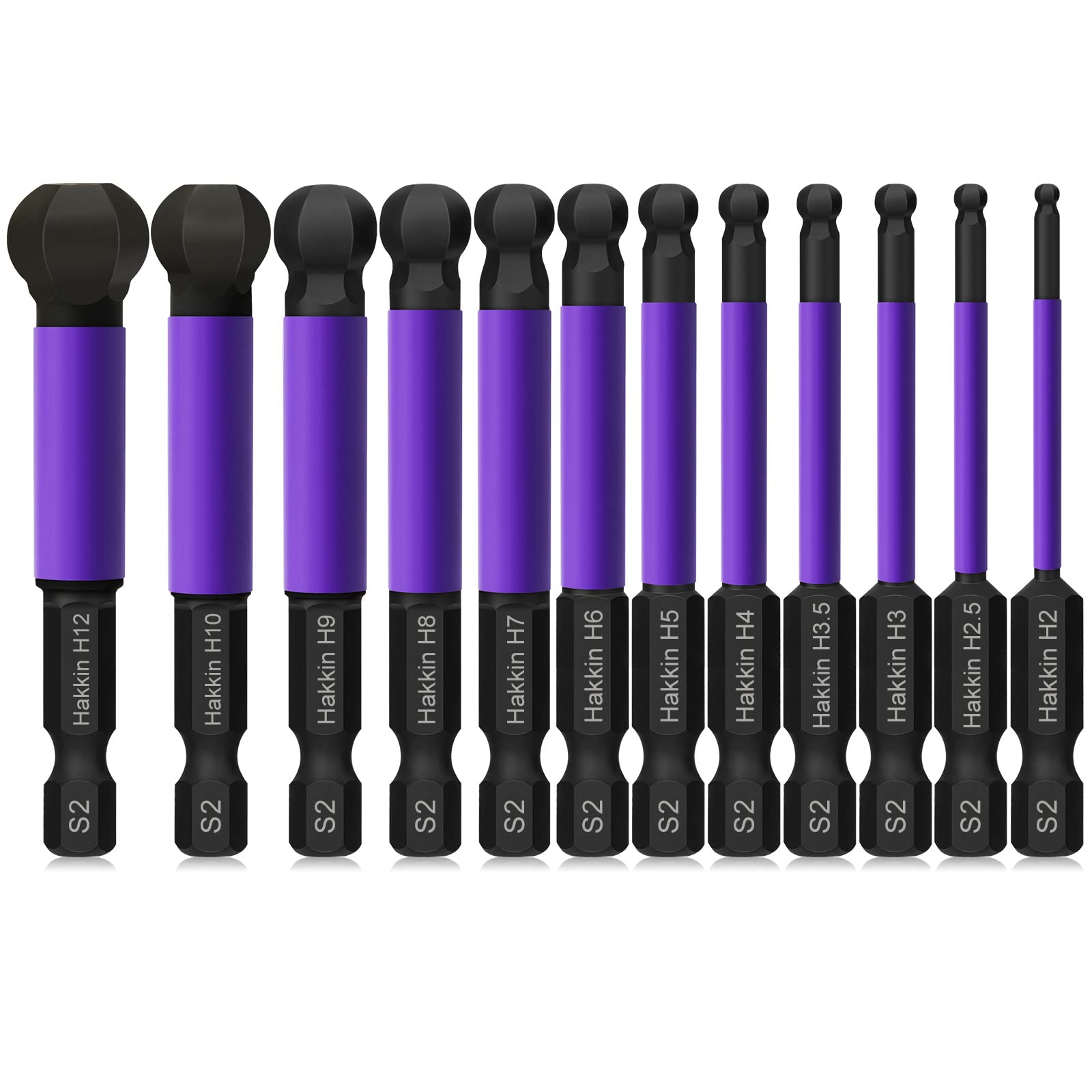 Allen Key Bit Set Hakkin 12Pcs Ball End Allen Hex Key Set S2 Steel 1/4” Hex Shank Magnetic Allen Wrench Screwdriver Bits 65mm Phosphating Treatment Purple H2-H12 for Assembling Furniture