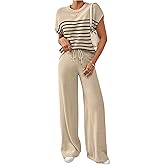 WDIRARA Women's Striped 2 Piece Outfits Knit Lounge Sets Short Sleeve Sweaters Wide Leg Pants Set