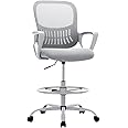 Sweetcrispy Home Office Drafting Chair - Ergonomic High Stool Computer with Adjustable Height and Comfy Lumbar Support, Tall Rolling Task for Standing Desk with Fixed Arm and Footrest, Grey