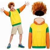 Zoooyawn 2 Pcs Halloween Hotel Costume Orange Wig Yellow Green T Shirt | Cosplay Kit for Adult Men, Short Orange Cosplay Wig and Yellow and Green T Shirts, Pullover with Pocket, Party Outfit