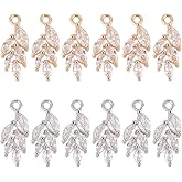 BENECREAT 12Pcs 2 Colors Real 18K Gold Plated Brass Leaf Charm, Cubic Zirconia Pendants Charms Jewelry Findings for Earring Bracelet Necklace, Jewelry DIY, Hole: 1.2mm