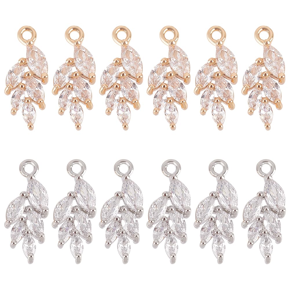 BENECREAT 12Pcs 2 Colors Real 18K Gold Plated Brass Leaf Charm, Cubic Zirconia Pendants Charms Jewelry Findings for Earring Bracelet Necklace, Jewelry DIY, Hole: 1.2mm