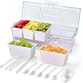 Luckore Chilled Condiment Caddy Server with 5 Removable Compartments Containers & Hidden Handle Design, Ice Chilled Condiment Tray Organizer, Clear Garnish Tray for Camping, Kitchen, Fruit, Salad