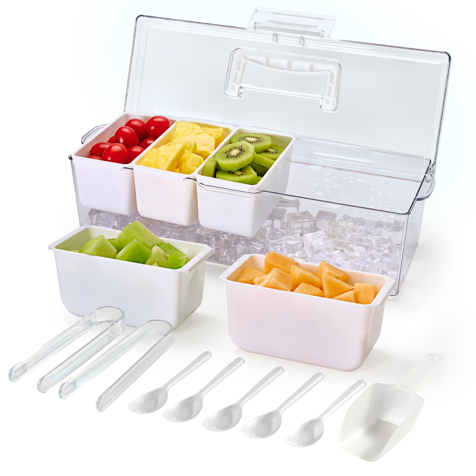 Photo 1 of Chilled Condiment Tray Server with 5 Removable Compartments Containers & Hidden Handle Design, Ice Chilled Condiment Organizer, Clear Garnish Serving Tray Platter for Camping, Kitchen, Fruit, Salad