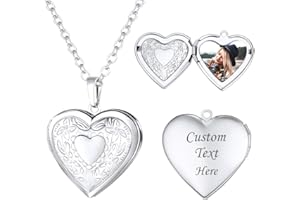 U7 Women Flower Heart Locket Necklace, Rose/Silver/Gold Plated Lockets Pendant Necklace That Hold Memorial Photo and Text Eng