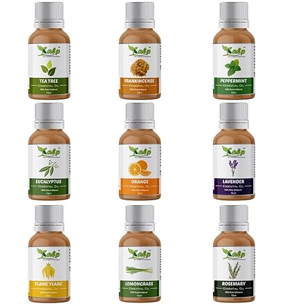 Kalp Pack Of 9 Essential Oil in one pack - Natural, undiluted & therpeutic grade/Tea Tree, Frankincense, Peppermint, Eucalyptus, Orange, Lavender, Ylang Ylang, Lemongrass, Rosemary,15 ML Each