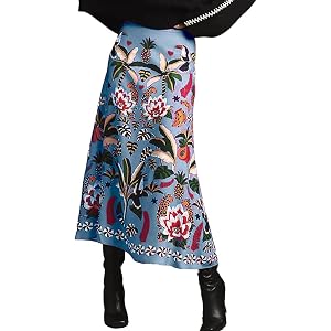 HUEOBIR Womens Midi Skirt Tropical Floral Print Satin Skirt High Waisted Spring Summer A Line Long Skirts