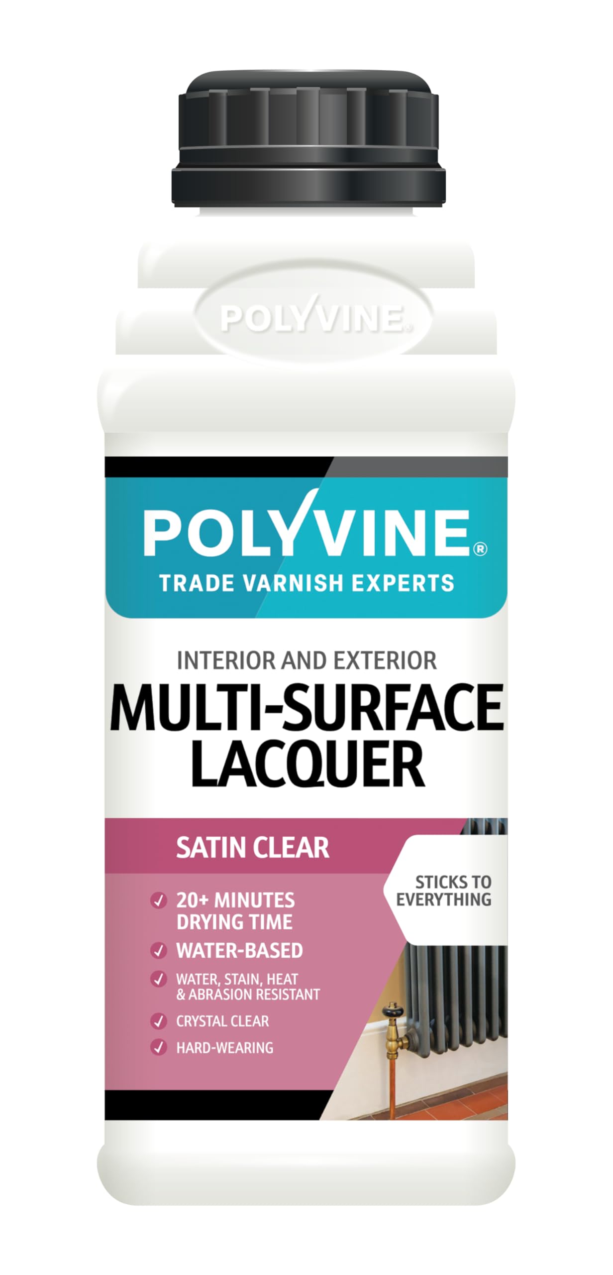 Polyvine Multi-Surface Lacquer Gloss, Satin or Dead Flat - Professional Quick Dry Clear Lacquer - Exterior, Interior Water Based Clear Sealer Protective Coating - Water & Heat Resistant, Satin 500ml