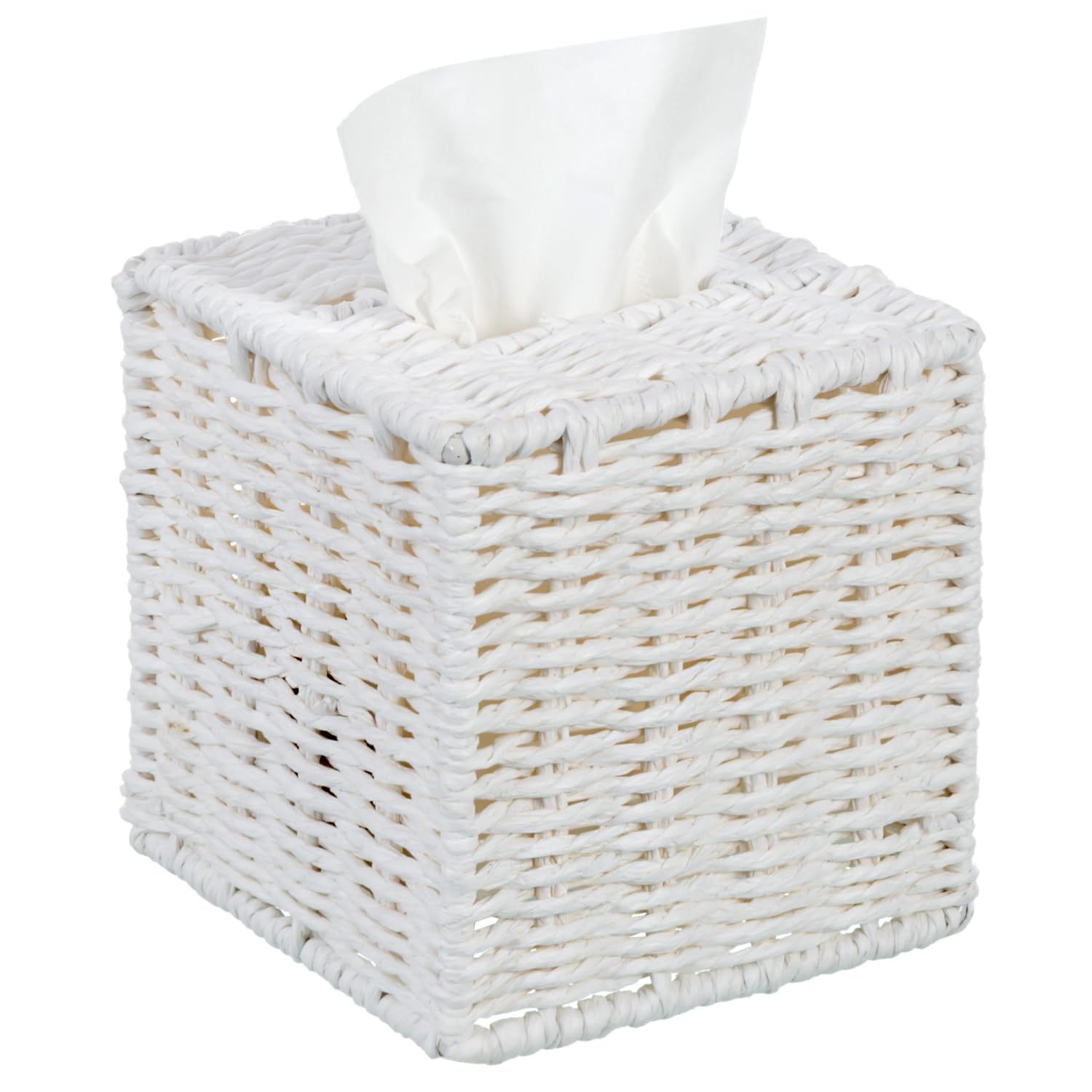 Photo 1 of MyGift Decorative White Woven Square Tissue Box Holder with Easy Open Refill Bottom, Bathroom Decor Facial Tissues Cover with Sturdy Paper Rope Material
