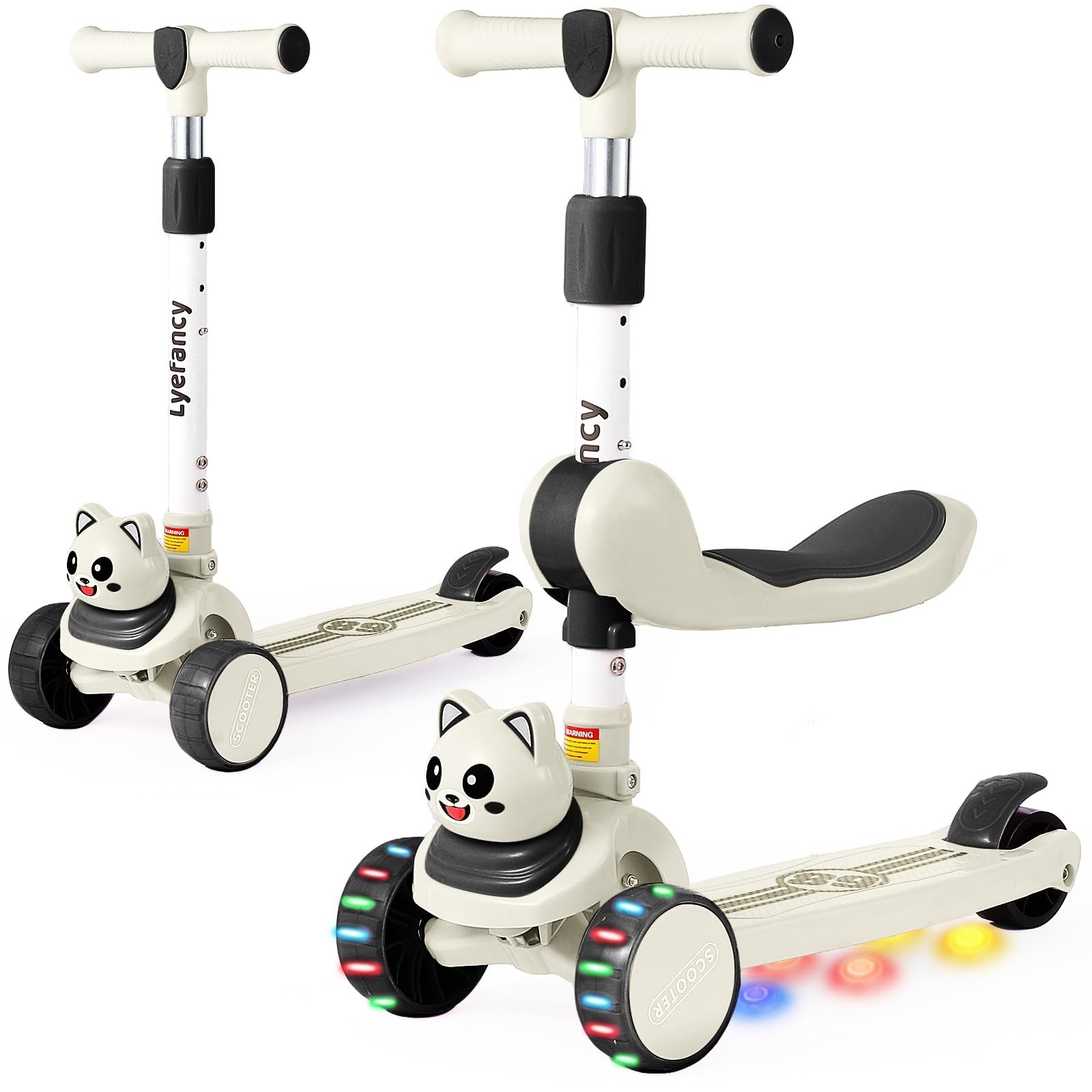 Lyefancy 3 Wheel Scooter for Kids Age 2-8, Kids 2 in 1 Scooter with Detachable Seat, Childrens Folding Scooter with Music and Light up Wheels, Adjustable Height, Lean to Steer(Black+White)