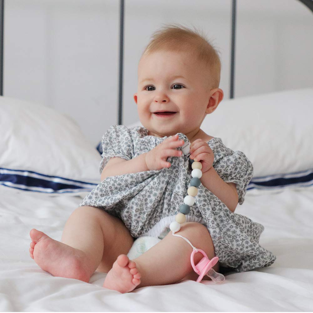 Pacifier Clip, TYRY.HU Silicone Teething Beads Binky Holder Soothie Teether Clips for Baby Boys or Girls, 2 Pack (White+Grey) : Baby