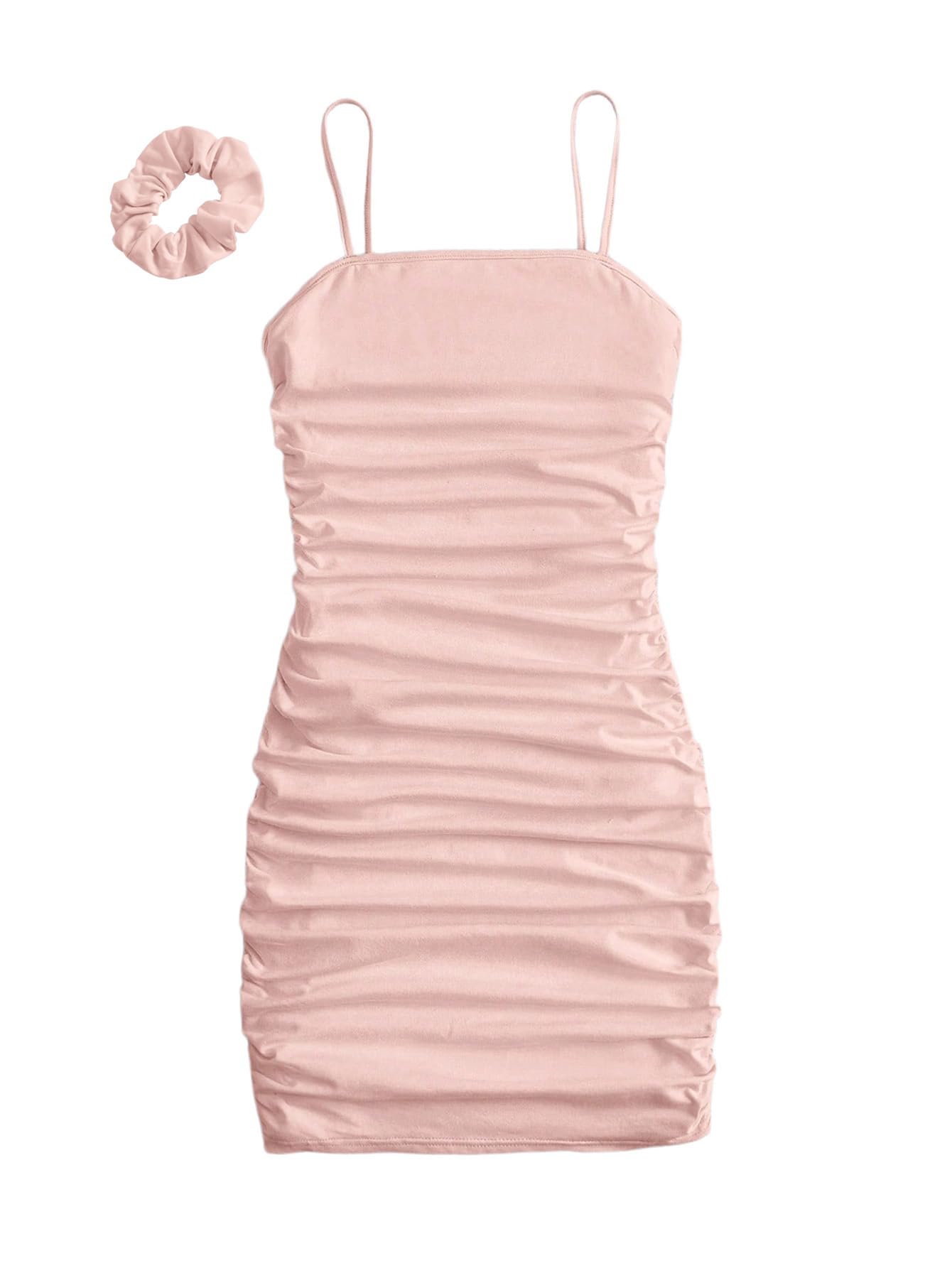 Photo 1 of SOLY HUX Girl's Summer Spaghetti Strap Ruched Sleeveless Short Bodycon Dress with Hair Scrunchies Light Pink 10-11Y