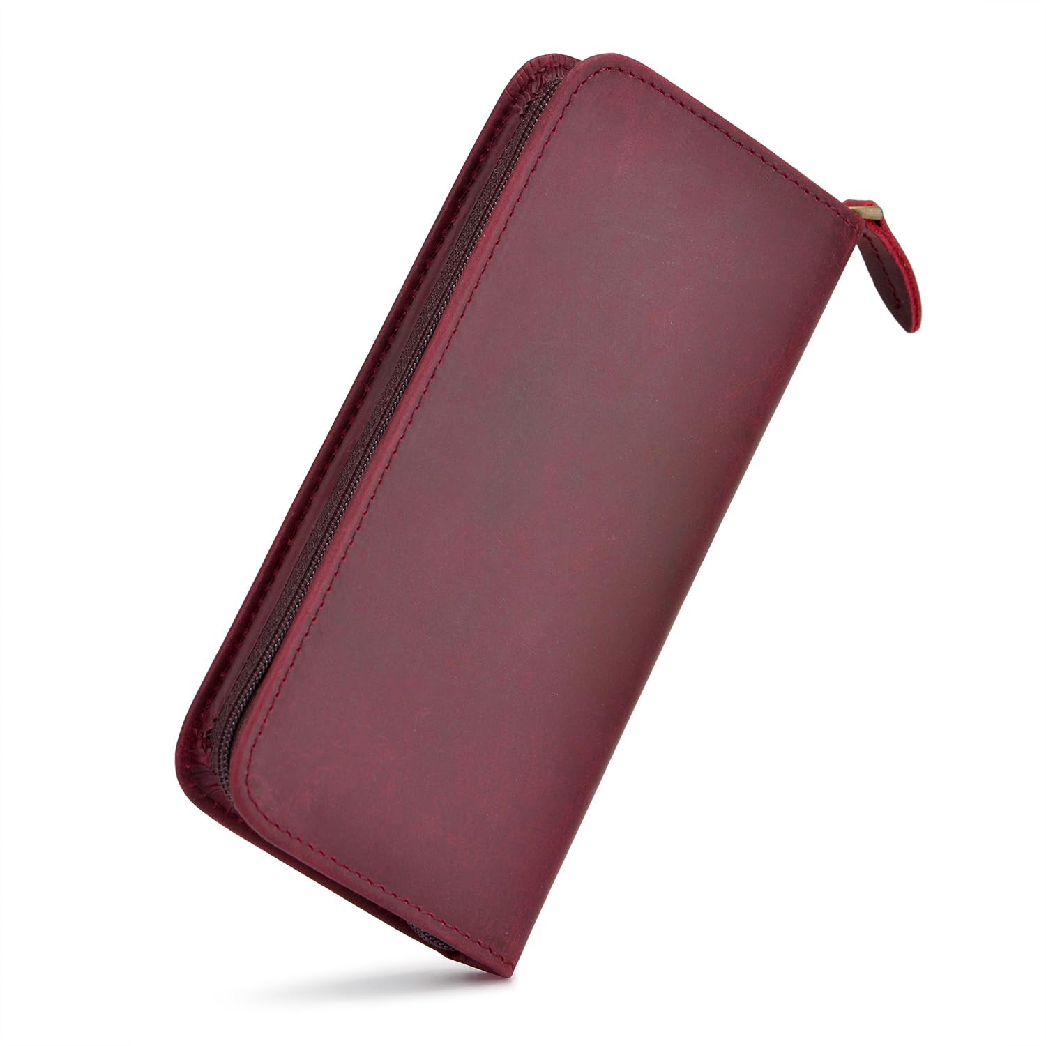 Leather Fountain Pen Case, Crazy Horse Leather Wine Color, 3 Divided Slots, Zippered Pen Case Pouch, Handmade Display Holder for Rollerball Pen — image 1