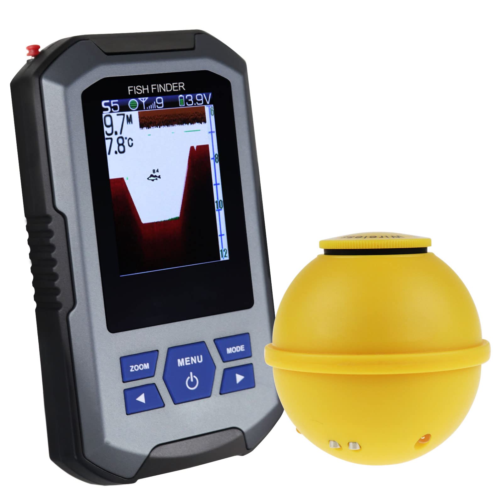 Fish Finder Wireless Sonar Sensor 125kHz Frequency 45 Meters / 147 Feet Depth Alarm Function and Large LCD Display