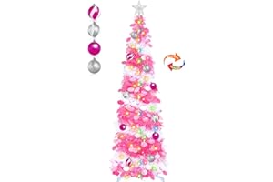 TURNMEON Dual Color Switch&Timer 5 Ft Pink Pop Up Christmas Tree with 50 Warm White&Color Lights 8 Modes, Tinsel Pencil Collapsible Xmas Tree, Easy Assembly, Balls 3D Star Sequins, Home Party Apartment Decor