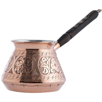 CopperBull THICKEST Solid Hammered Copper Turkish Greek Arabic Coffee Pot Stovetop Coffee Maker Cezve Ibrik Briki with Wooden Handle,(Large - 15 Oz) - ENGRAVED