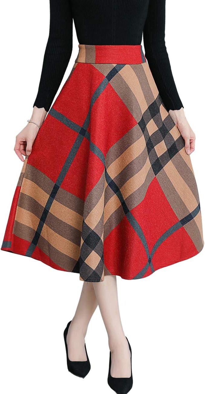 Femirah Women's Wool Midi Skirt A Line Floral Skirt Vintage Plaid Swing Skirts 20 Colors