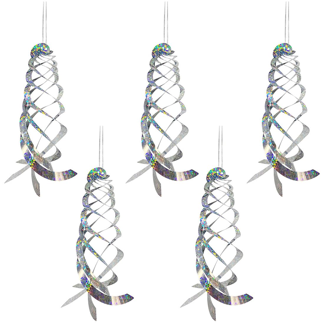 POFET 5PCS Bird Repellent Spiral Reflector Silver Mylar Spinner, Hanging Reflective Bird Deterrent Device, Garden Decor To Scare Away Birds Such As Woodpeckers, Pigeons