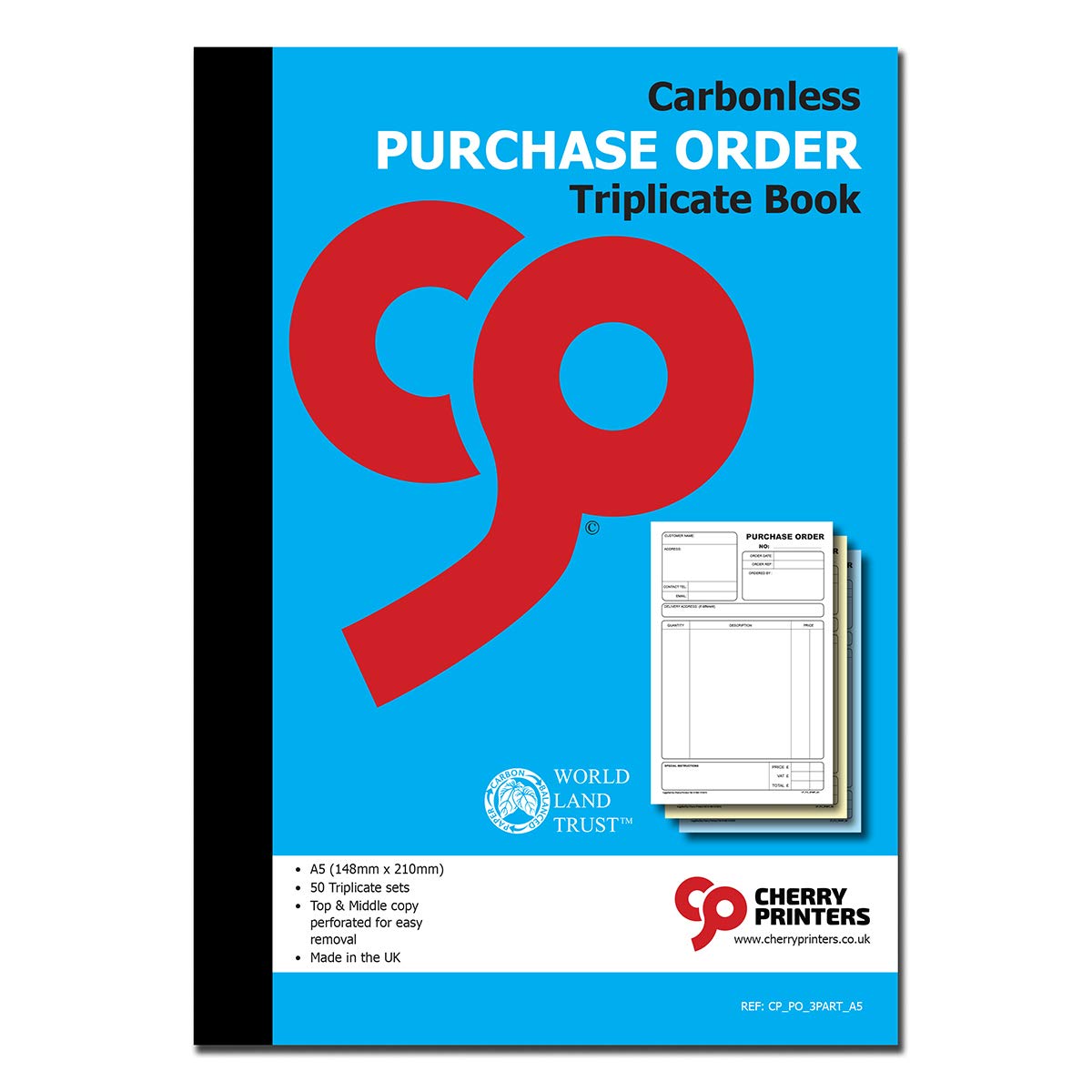 Cherry Printers | Carbonless Purchase Order Triplicate Book A5 | 3 Part NCR Order Book | 50 Triplicate Sets | Perforated Easy Tear Copies | Purchase Order Forms for Business Office Self Employed