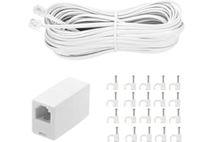 Vthahaby 50 Feet Long Telephone Extension Cord Phone Cable Line Wire, with Standard RJ11 Plug and 1 in-Line Couplers and 15 Cable Clip Holders-White (White 15M)