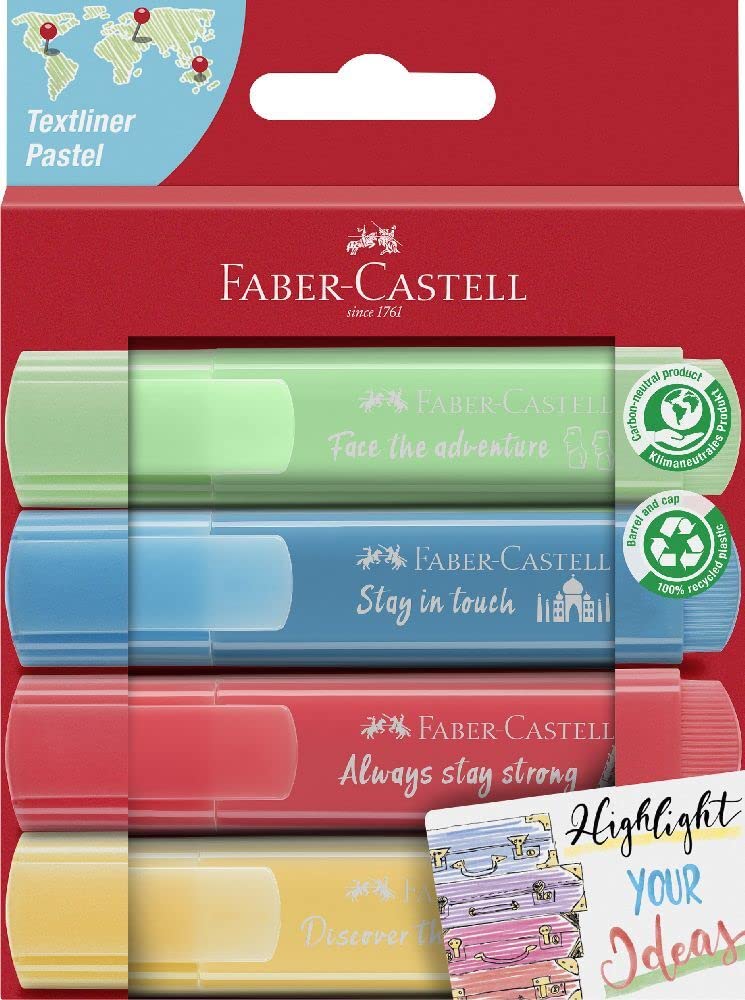 Faber-Castell 254625 – Highlighter Set TL 46, Pack of 4, Pastel Colours, with Durable Chisel Tip, Line Width 1-5 mm