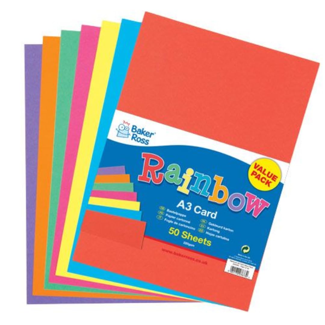 Baker Ross AV536 A3 Rainbow Coloured Card - Pack of 50, Arts and Crafts Card for Kids, Assorted Colours
