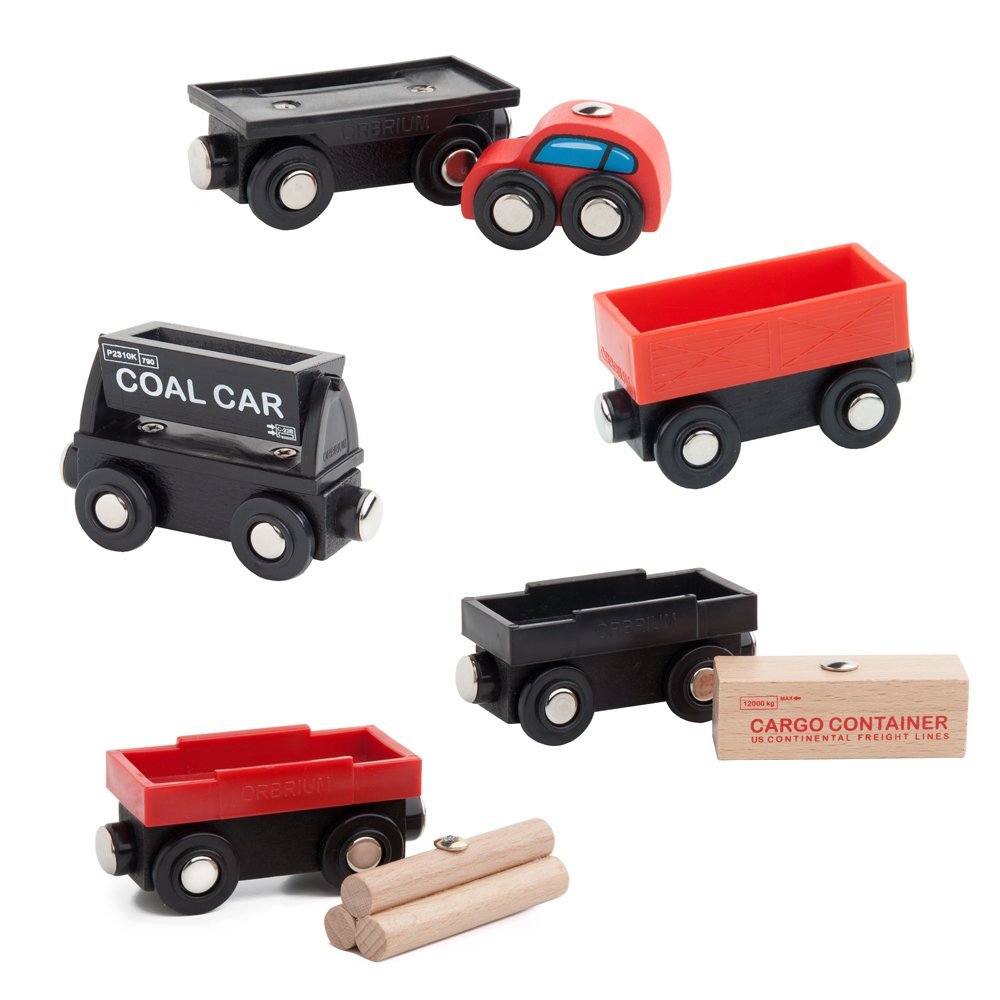 Orbrium Toys Cargo Train Car Set for Wooden Railway, 5 