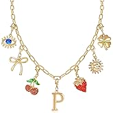 NEKOL Letter P Initial Charm Necklace for Women, Cherry Strawberry Evil Eye Sun Bow Four-Leaf Clover Personalized Pendant Necklace,Removable Charms Choker Trendy Jewelry Birthday Gifts for Her