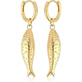 Gold Fish Dangle Earrings, Tiny Sardine Fish Drop Hoops Earrings Summer Beach Statement Fashion Jewelry Accessories for Women