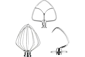 IAGREEA Stainless Steel 3 pieces kit attachments Fits For KitchenAid 4.5-5QT Tilt-Head Stand Mixer, K45WW Wire Whip/ K45DH Dough Hook /K45B Coated Flat Blade Paddle Accessories Replacement, Heavy Duty