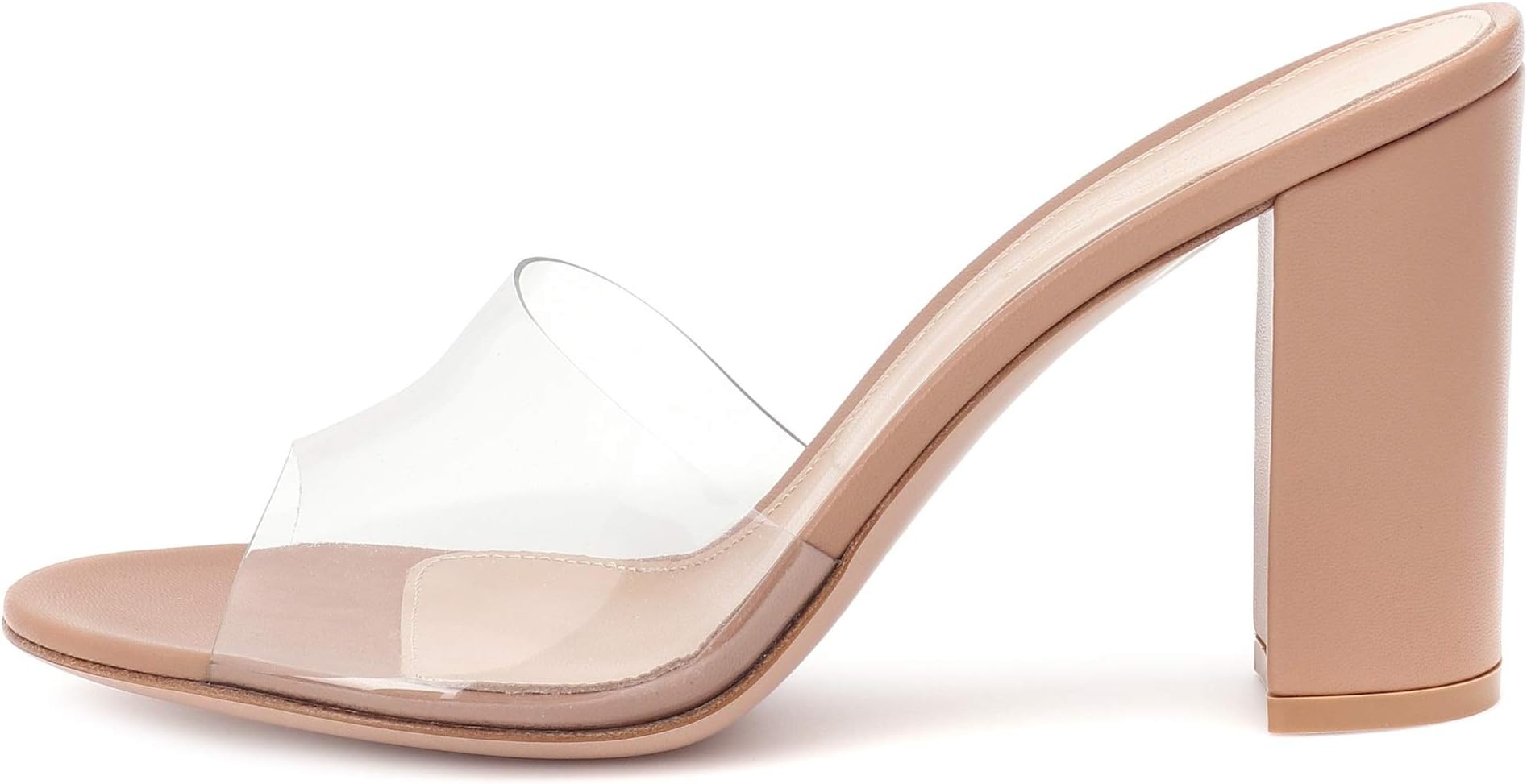 Women's Clear Block High Heel Sandals Transparent Strap Slides Comfort Backless Party Dress Slippers