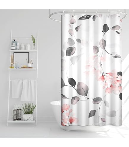 ZJRBJB Pink & Grey Daisy Floral Shower Curtain - Farmhouse Vintage Bathroom Decor, 72x84 Inches With 12 Hooks - View #2