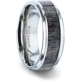 Thorsten Melanistic Dark Deer Antler Inlaid Titanium Flat Polished Finish Men's Wedding Band With Beveled Edges - 8mm