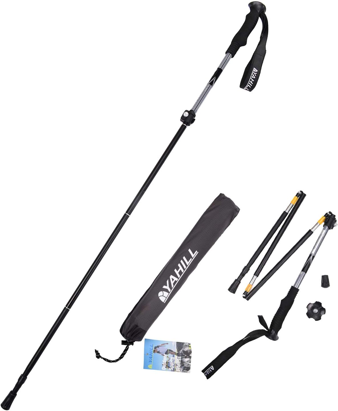 YAHILL Folding Trekking Pole Collapsible Stick Ultralight Adjustable, Alpenstocks with EVA Foam Handle, or Tips Protector Replacement Set for Travel Hiking Camping Climbing Backpacking Walking