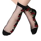 RoseSummer 1Pair Women Lace Socks Crystal Glass Silk Short Thin Transparent Red Rose Socks