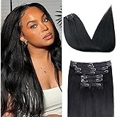 Yaki Straight Clip in Hair Extensions for Black Women Brazilian Human Hair Extensions 8Pcs Remy Hair Extensions Clip in Human Hair with 18Clips Double Lace Weft 120g 14inch Natural Black