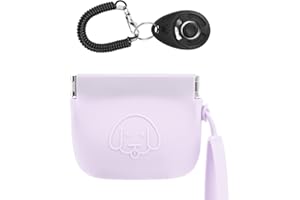 WALLFID Silicone Dog Treat Pouch, Auto Closure, with Pet Training Clicker, Walking Bag for Dog and Cat, Pocket Size, Easy to Clean, Odorless, Travel Walking Bag (Light Purple)