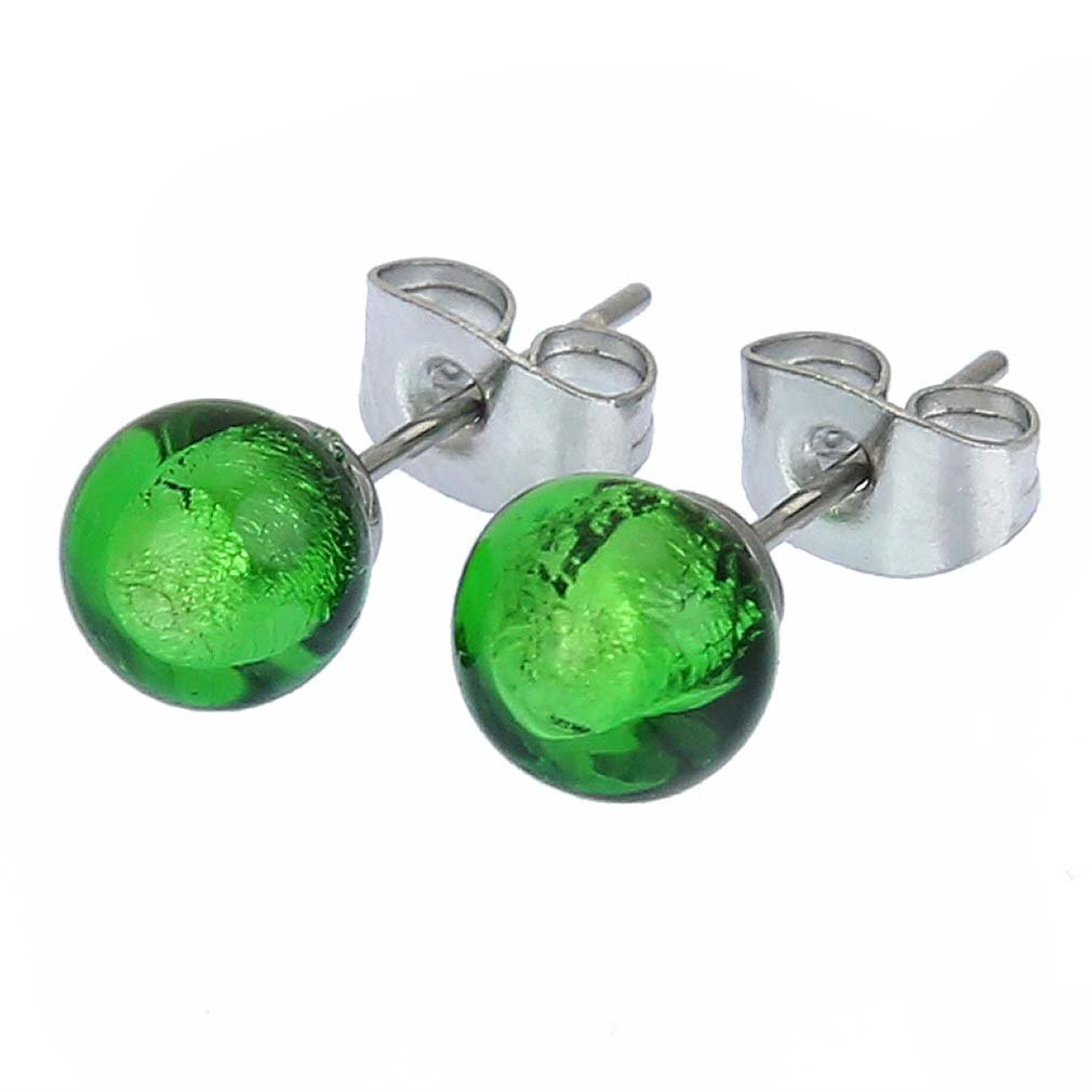 Glass Of Venice Murano Glass Tiny Stud Earrings - Green Ball Shaped Studs for Women, Diameter under 1/4 Inch, Handmade in Venice, Italy