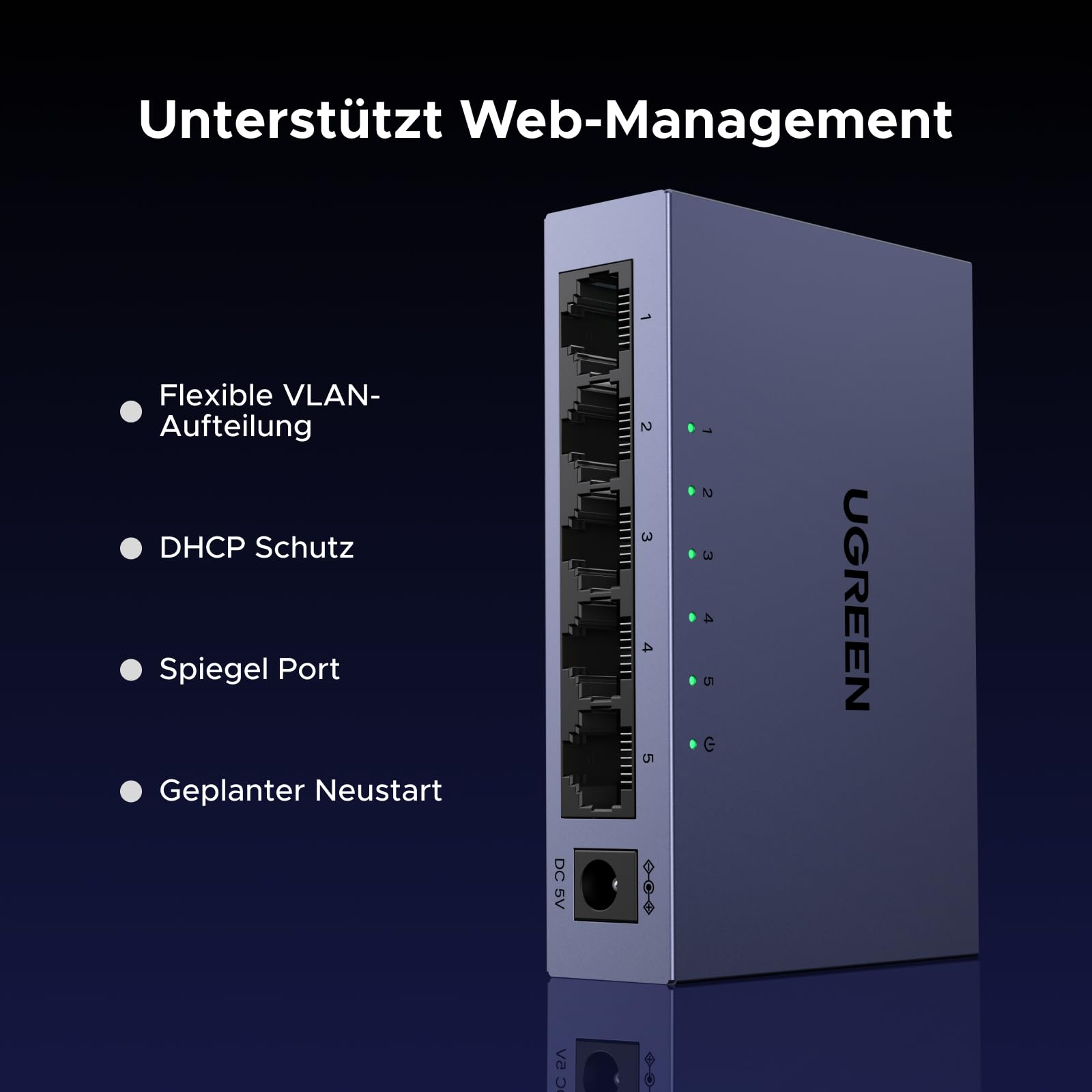 UGREEN Switch 5 Port LAN Switch mit Metallgehäuse unterstützt Management 4
