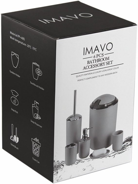 IMAVO Bathroom Accessories Set,6 Pcs Plastic Gift Set Toothbrush Holder,Toothbrush Cup,Soap Dispenser,Soap Dish,Toilet Brush Holder,Trash Can,Tumbler Straw Set Bathroom (Grey): Home & Kitchen